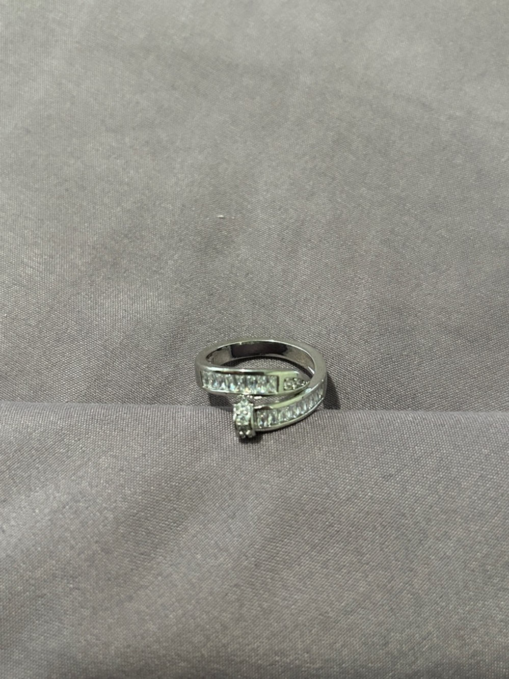 Silver Tone Baguette & Princess Cut Wrap Ring - Clear Stones, Sz 6.5